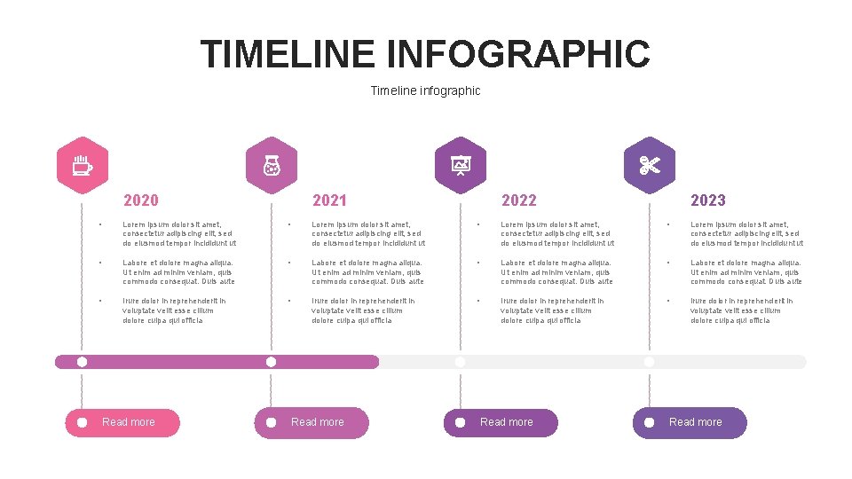 TIMELINE INFOGRAPHIC Timeline infographic 2020 2021 2022 2023 • Lorem ipsum dolor sit amet,