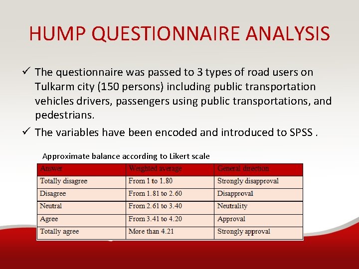 HUMP QUESTIONNAIRE ANALYSIS ü The questionnaire was passed to 3 types of road users