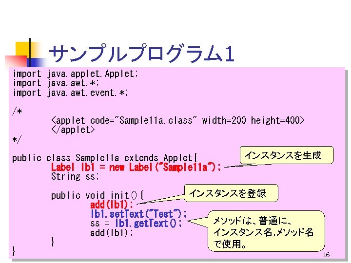 サンプルプログラム 1 import java. applet. Applet; import java. awt. *; import java. awt. event.