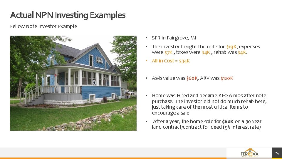 Actual NPN Investing Examples Fellow Note Investor Example • SFR in Fairgrove, MI • Actual NPN Investing Examples Fellow Note Investor Example • SFR in Fairgrove, MI •