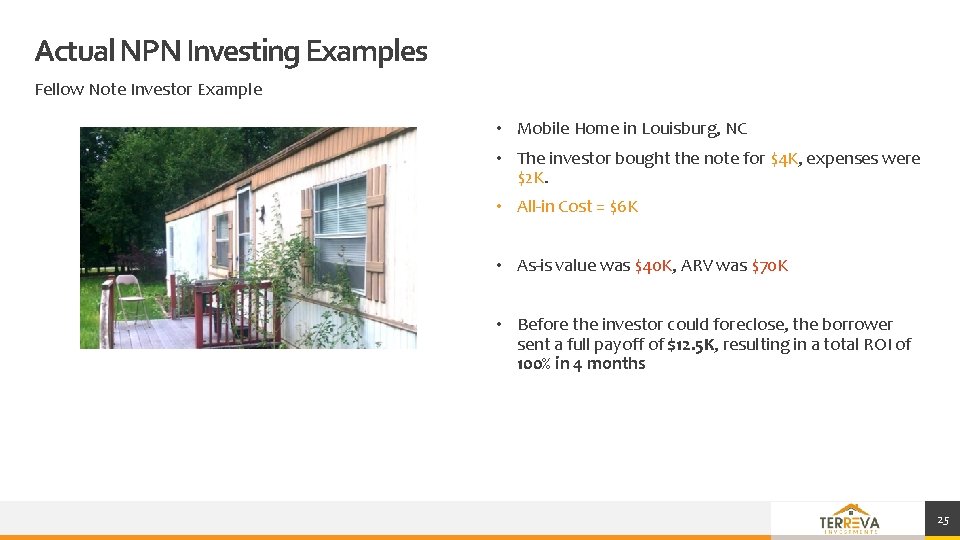 Actual NPN Investing Examples Fellow Note Investor Example • Mobile Home in Louisburg, NC Actual NPN Investing Examples Fellow Note Investor Example • Mobile Home in Louisburg, NC