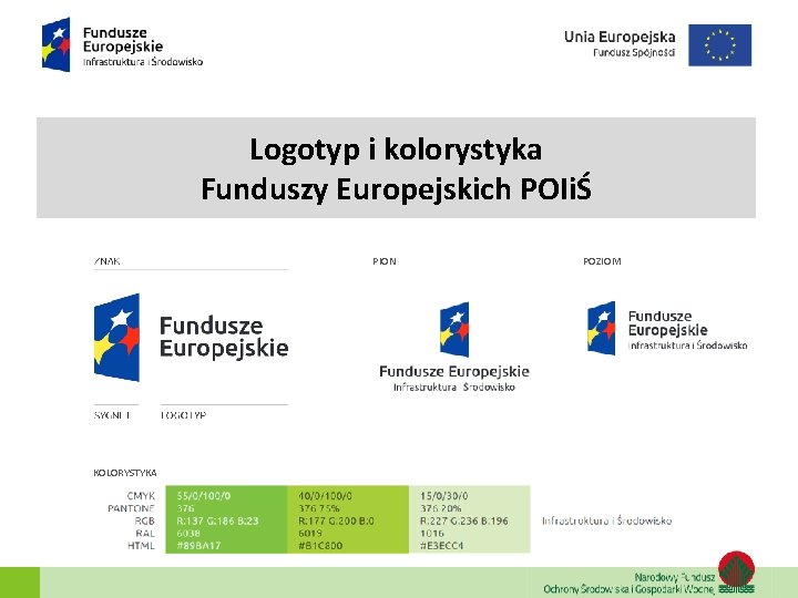 Logotyp i kolorystyka Funduszy Europejskich POIiŚ PION KOLORYSTYKA POZIOM 