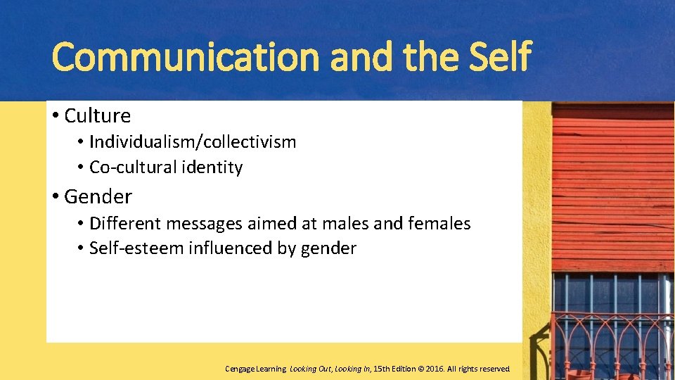 Communication and the Self • Culture • Individualism/collectivism • Co-cultural identity • Gender •