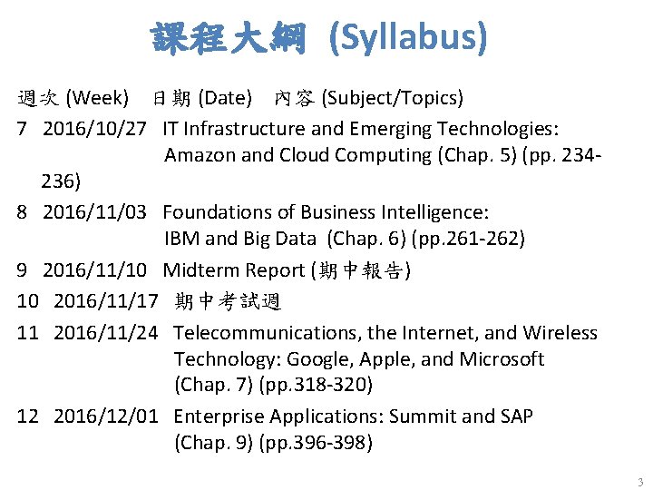 課程大綱 (Syllabus) 週次 (Week) 日期 (Date) 內容 (Subject/Topics) 7 2016/10/27 IT Infrastructure and Emerging