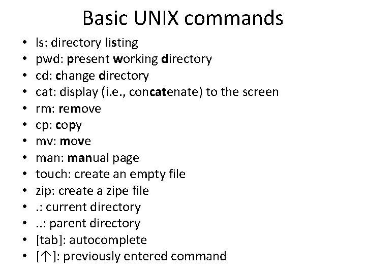 Basic UNIX commands • • • • ls: directory listing pwd: present working directory