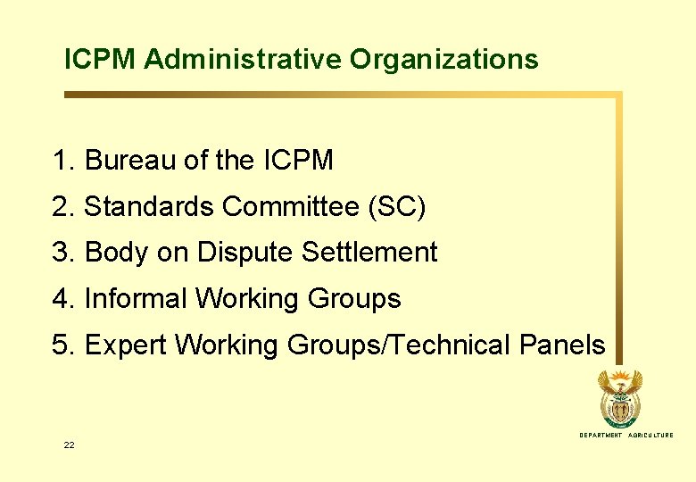 ICPM Administrative Organizations 1. Bureau of the ICPM 2. Standards Committee (SC) 3. Body