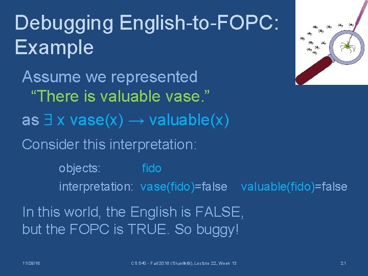 Debugging English-to-FOPC: Example Assume we represented “There is valuable vase. ” as x vase(x)