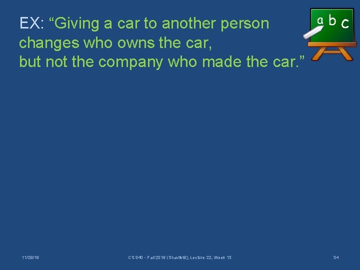 EX: “Giving a car to another person changes who owns the car, but not