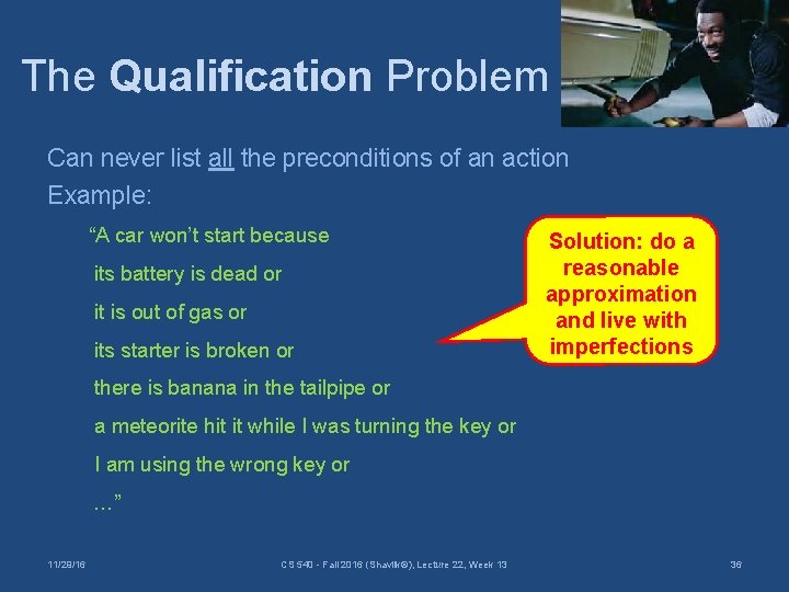 The Qualification Problem Can never list all the preconditions of an action Example: “A