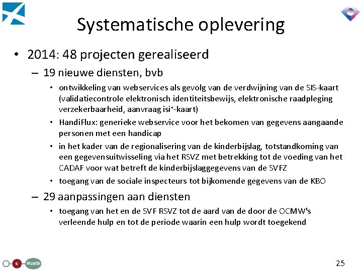 Systematische oplevering • 2014: 48 projecten gerealiseerd – 19 nieuwe diensten, bvb • ontwikkeling