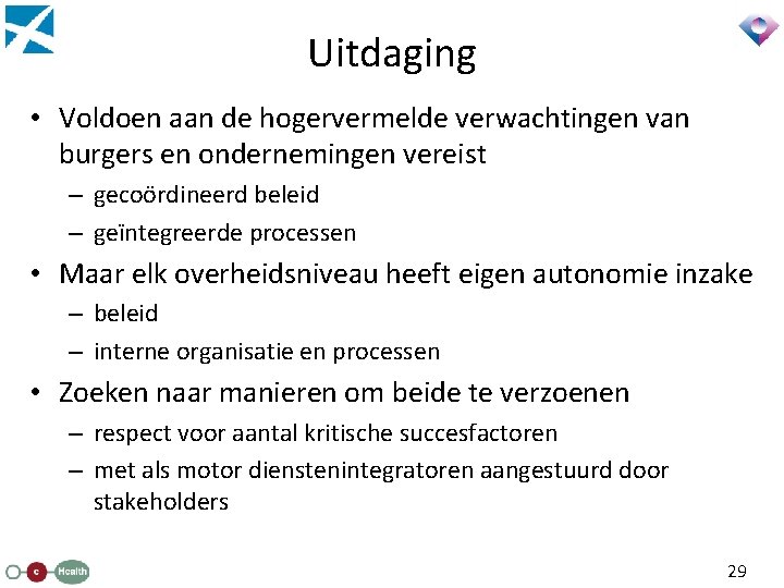 Uitdaging • Voldoen aan de hogervermelde verwachtingen van burgers en ondernemingen vereist – gecoördineerd