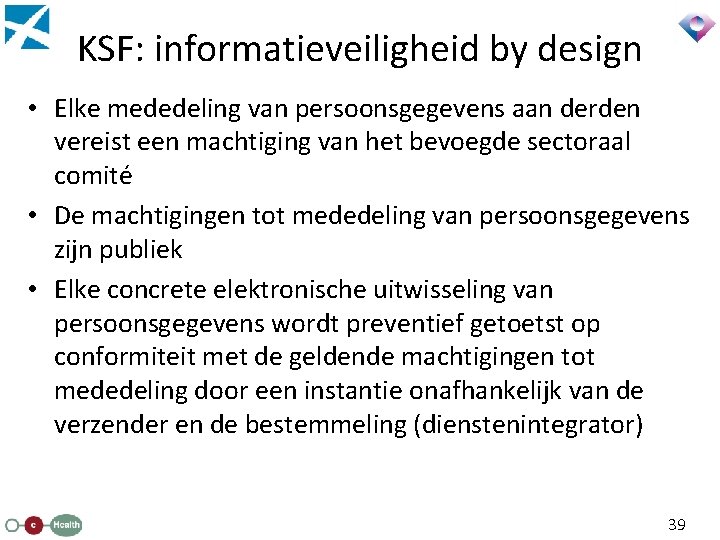 KSF: informatieveiligheid by design • Elke mededeling van persoonsgegevens aan derden vereist een machtiging