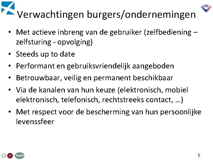 Verwachtingen burgers/ondernemingen • Met actieve inbreng van de gebruiker (zelfbediening – zelfsturing - opvolging)