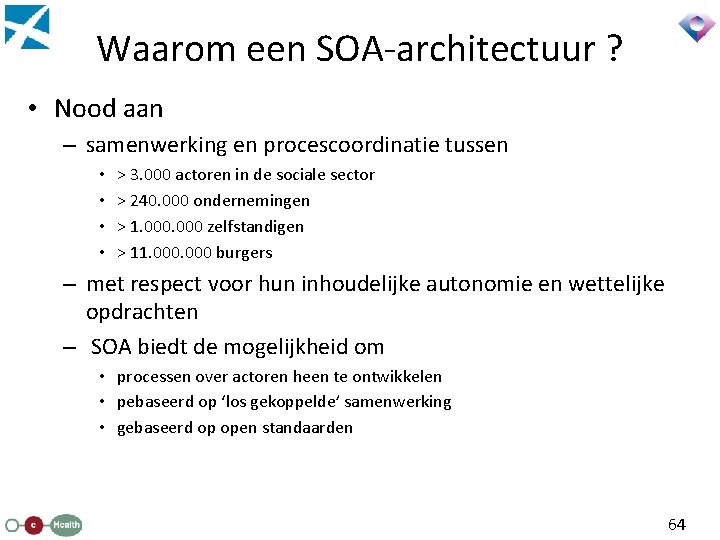 Waarom een SOA-architectuur ? • Nood aan – samenwerking en procescoordinatie tussen • •
