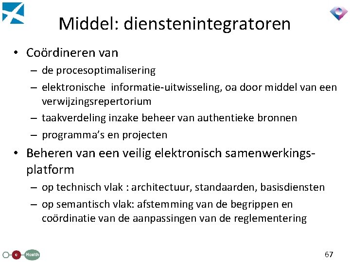 Middel: dienstenintegratoren • Coördineren van – de procesoptimalisering – elektronische informatie-uitwisseling, oa door middel