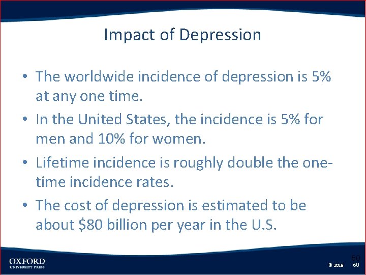 Impact of Depression • The worldwide incidence of depression is 5% at any one