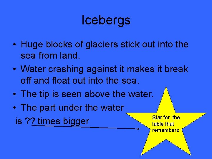 Icebergs • Huge blocks of glaciers stick out into the sea from land. •