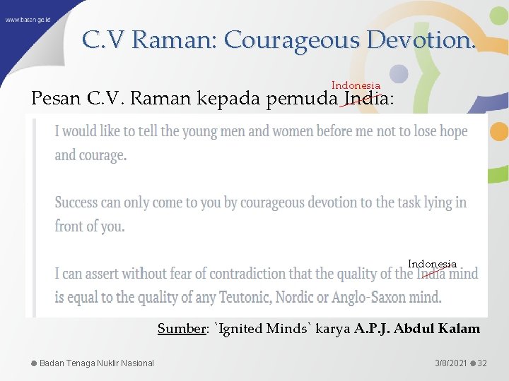 C. V Raman: Courageous Devotion. Indonesia Pesan C. V. Raman kepada pemuda India: Indonesia