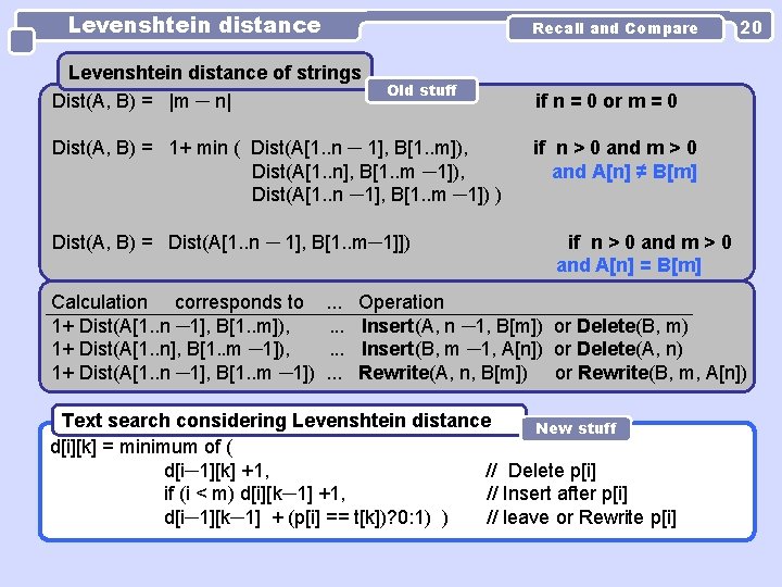 Levenshtein distance Recall and Compare Levenshtein distance of strings Dist(A, B) = |m ─