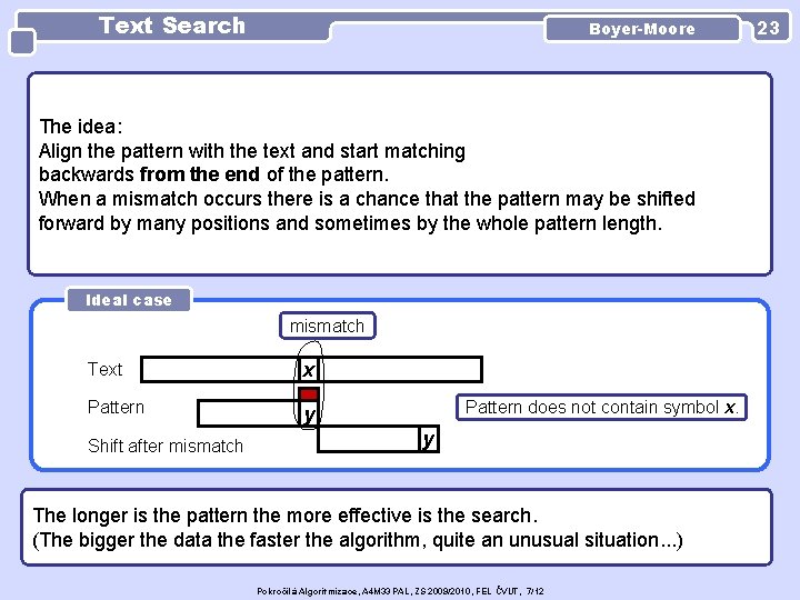 Text Search Boyer-Moore The idea: Align the pattern with the text and start matching