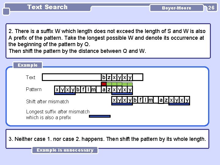 Text Search Boyer-Moore 2. There is a suffix W which length does not exceed