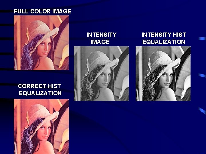 FULL COLOR IMAGE INTENSITY IMAGE CORRECT HIST EQUALIZATION INTENSITY HIST EQUALIZATION 