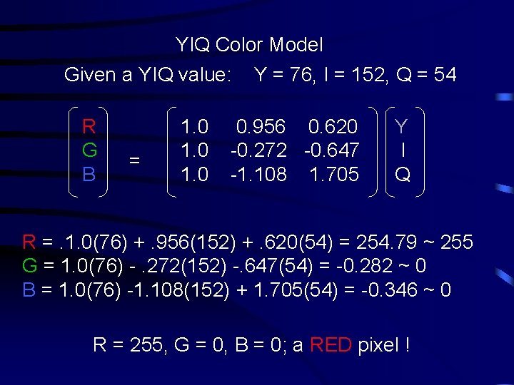 YIQ Color Model Given a YIQ value: Y = 76, I = 152, Q