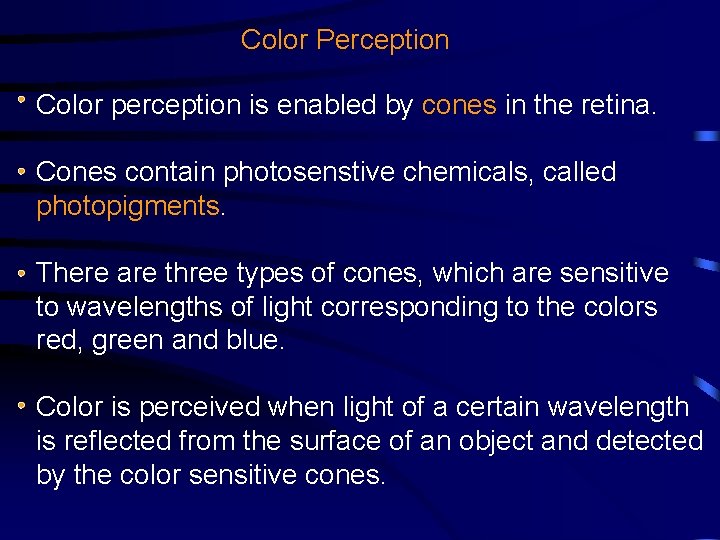 Color Perception Color perception is enabled by cones in the retina. Cones contain photosenstive