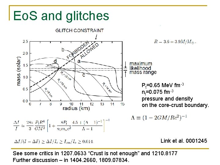 Eo. S and glitches Pt=0. 65 Me. V fm-3 nt=0. 075 fm-3 pressure and
