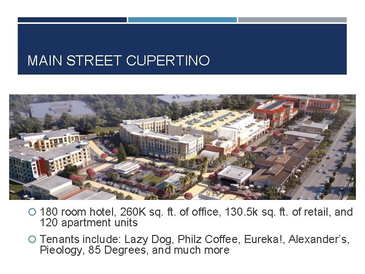 MAIN STREET CUPERTINO 180 room hotel, 260 K sq. ft. of office, 130. 5