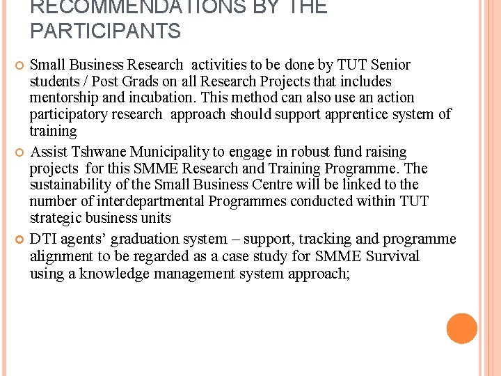 RECOMMENDATIONS BY THE PARTICIPANTS Small Business Research activities to be done by TUT Senior