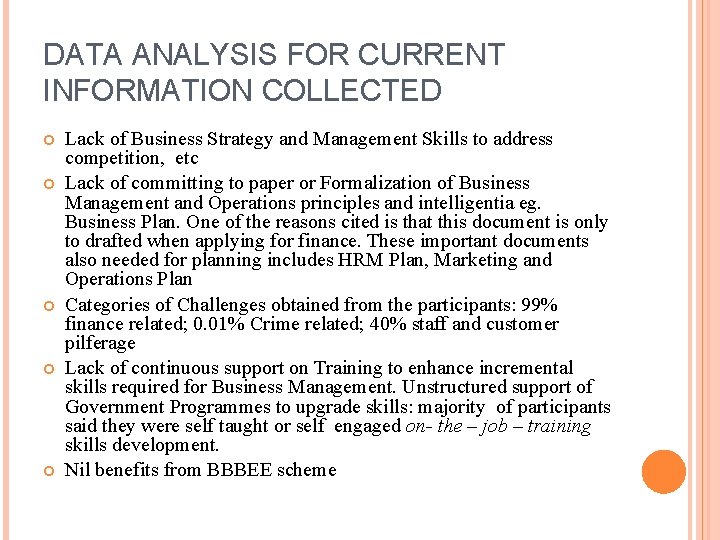 DATA ANALYSIS FOR CURRENT INFORMATION COLLECTED Lack of Business Strategy and Management Skills to