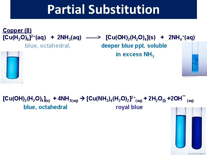 Partial Substitution Copper (II) [Cu(H 2 O)6]2+(aq) + 2 NH 3(aq) ——> [Cu(OH)2(H 2