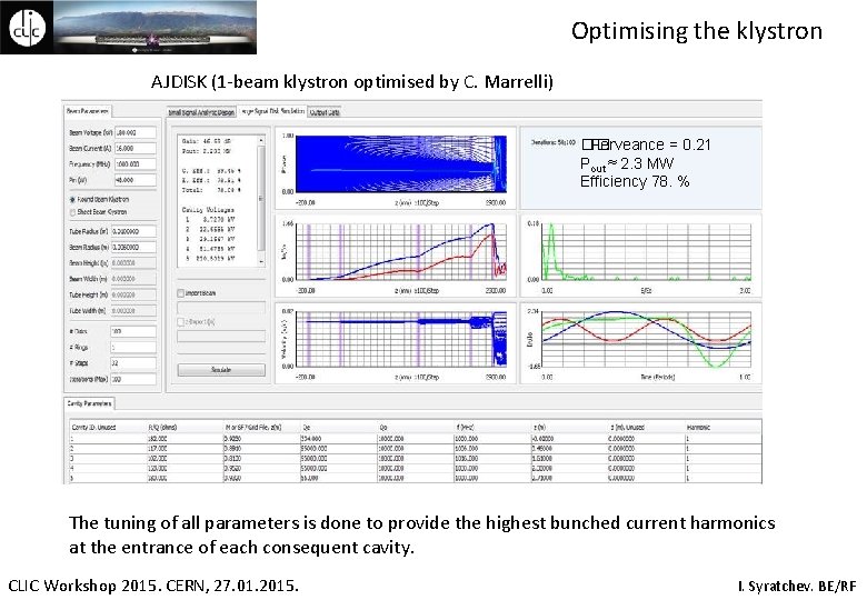 Optimising the klystron AJDISK (1 -beam klystron optimised by C. Marrelli) �� Perveance =