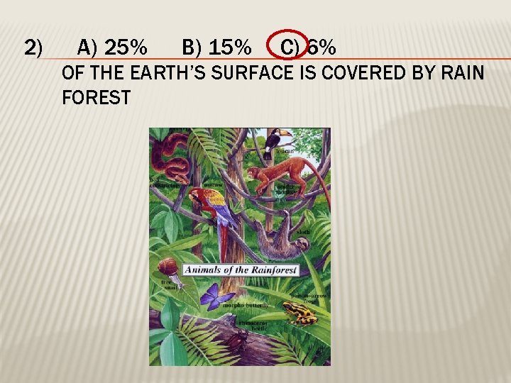 2) A) 25% B) 15% C) 6% OF THE EARTH’S SURFACE IS COVERED BY