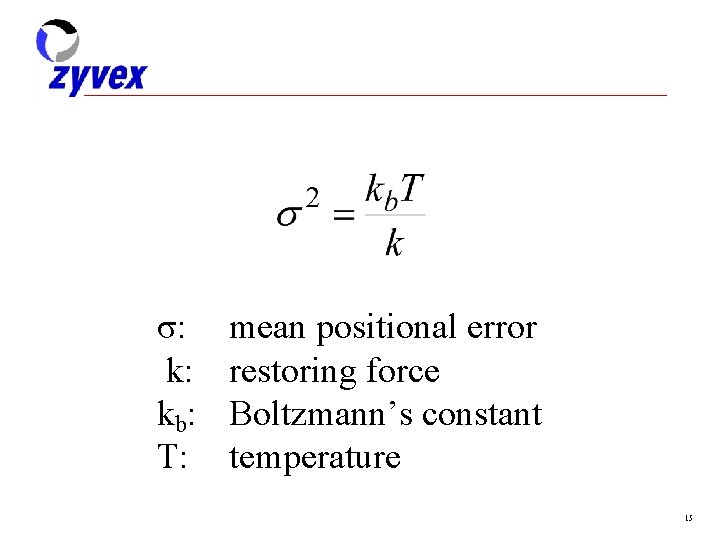 σ: k: kb: T: mean positional error restoring force Boltzmann’s constant temperature 15 