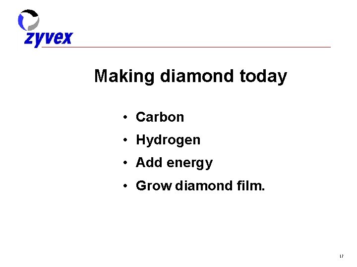 Making diamond today • Carbon • Hydrogen • Add energy • Grow diamond film.