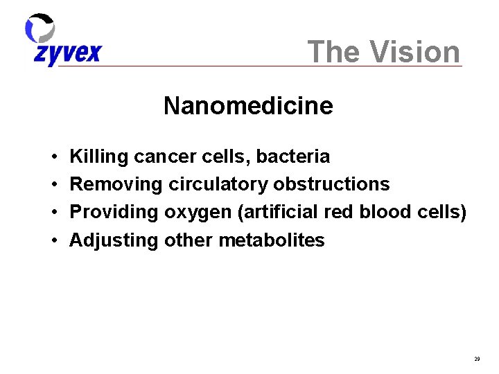 The Vision Nanomedicine • • Killing cancer cells, bacteria Removing circulatory obstructions Providing oxygen