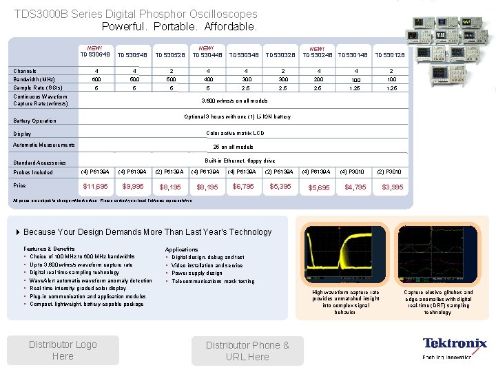 TDS 3000 B Series Digital Phosphor Oscilloscopes Powerful. Portable. Affordable. NEW! TDS 3064 B