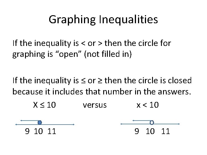 Graphing Inequalities If the inequality is < or > then the circle for graphing