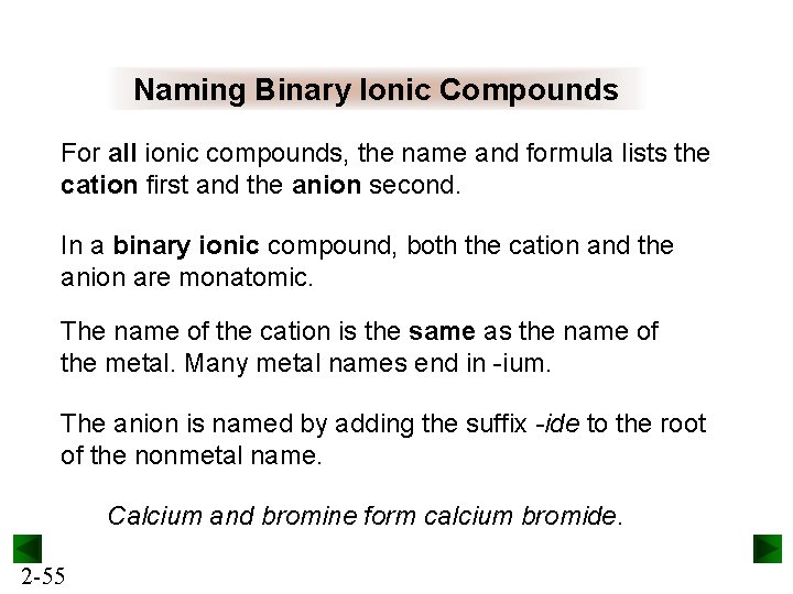 Naming Binary Ionic Compounds For all ionic compounds, the name and formula lists the