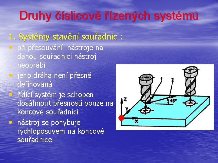 Druhy číslicově řízených systémů 1. Systémy stavění souřadnic : • při přesouvání nástroje na