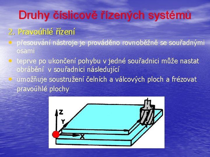 Druhy číslicově řízených systémů 2. Pravoúhlé řízení • přesouvání nástroje je prováděno rovnoběžně se