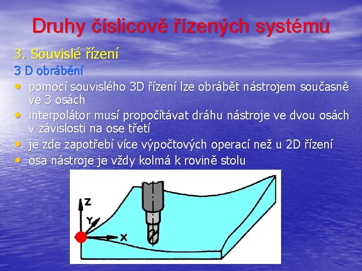 Druhy číslicově řízených systémů 3. Souvislé řízení 3 D obrábění • pomocí souvislého 3