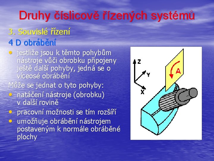 Druhy číslicově řízených systémů 3. Souvislé řízení 4 D obrábění • jestliže jsou k