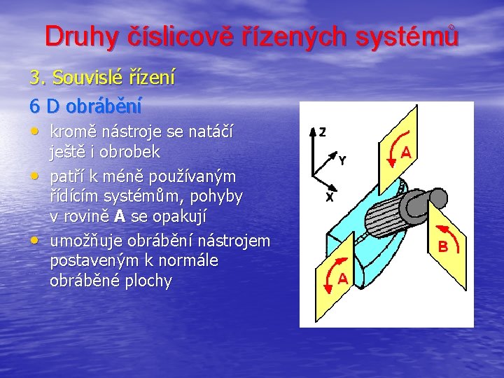 Druhy číslicově řízených systémů 3. Souvislé řízení 6 D obrábění • kromě nástroje se