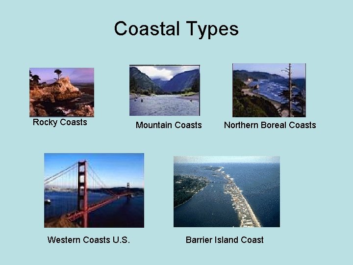 Coastal Types Rocky Coasts Western Coasts U. S. Mountain Coasts Northern Boreal Coasts Barrier Coastal Types Rocky Coasts Western Coasts U. S. Mountain Coasts Northern Boreal Coasts Barrier