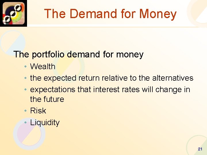 The Demand for Money The portfolio demand for money • Wealth • the expected