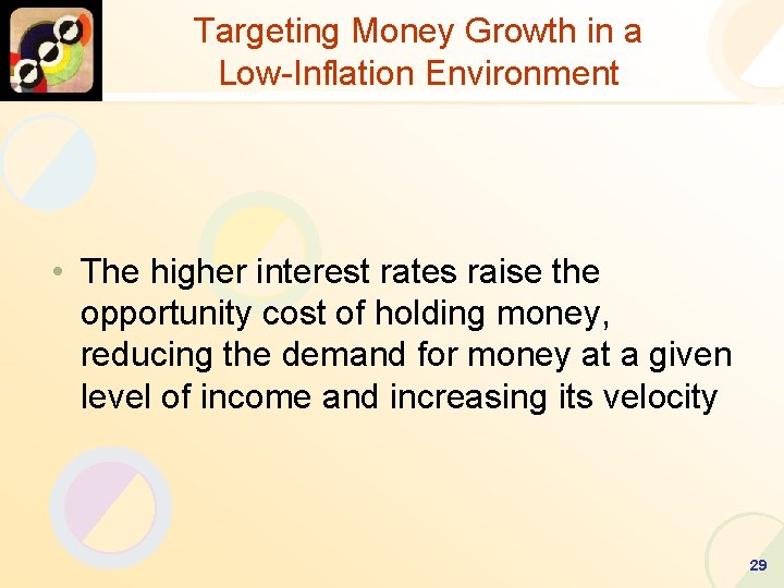 Targeting Money Growth in a Low-Inflation Environment • The higher interest rates raise the