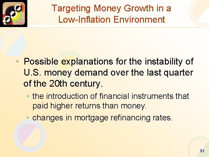 Targeting Money Growth in a Low-Inflation Environment • Possible explanations for the instability of